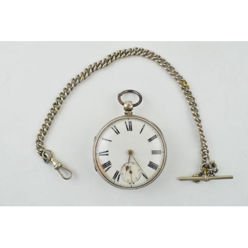 425 - An antique silver open face pocket watch with subsidiary dial together with a white metal albert cha... 