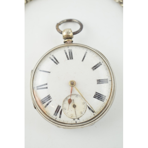 425 - An antique silver open face pocket watch with subsidiary dial together with a white metal albert cha... 