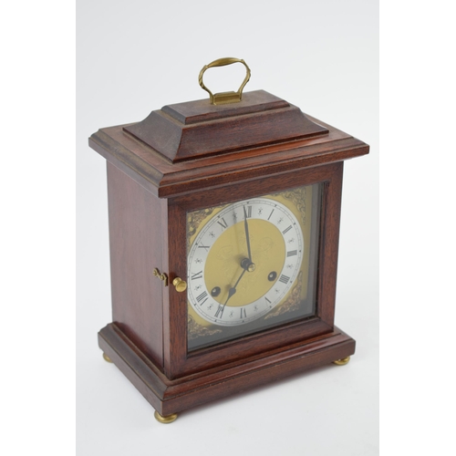 427 - Quality reproduction bracket clock, with four brass bun feet, untested, with key, 24cm tall.