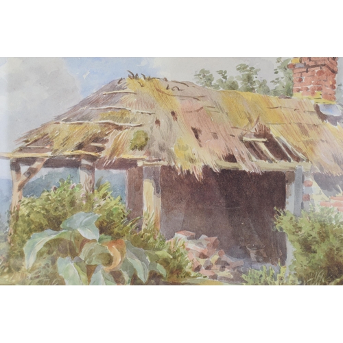 430 - T. Murray Bernard Bladon (1864–1939): a watercolour of a thatched outbuilding with piled bricks, 15.... 