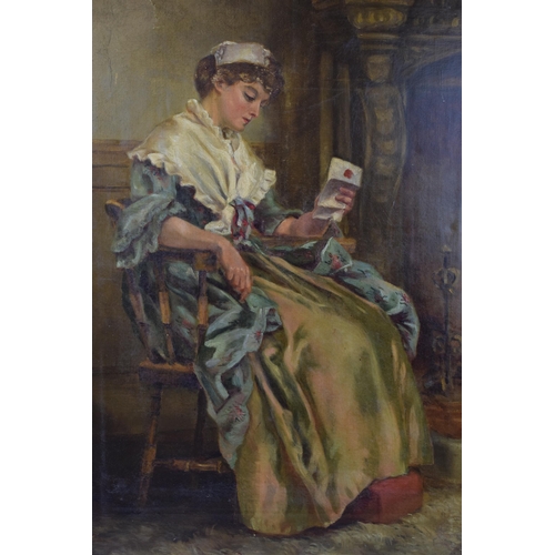 432 - 19th century oil on canvas, maiden in chair reading a letter. Unsigned. 61cm x 45.5cm.