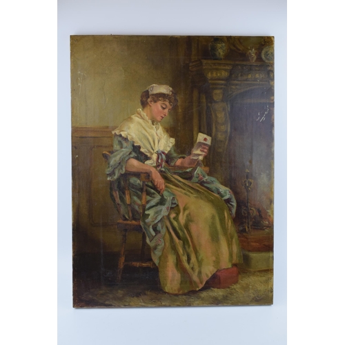 432 - 19th century oil on canvas, maiden in chair reading a letter. Unsigned. 61cm x 45.5cm.