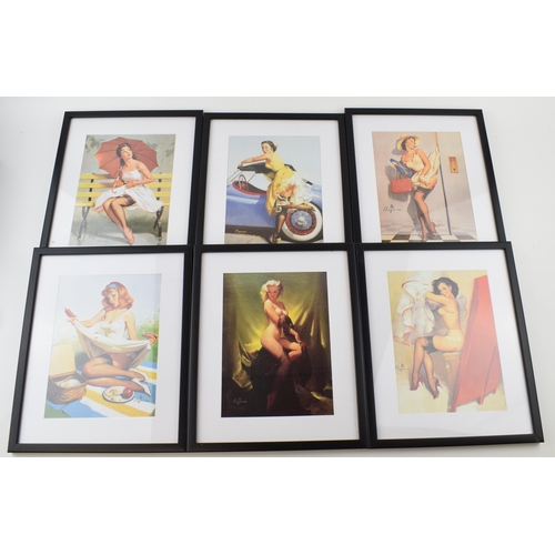 433 - A collection of 6 Gil Elvgren glamour / pin up prints of semi erotic scenes, framed, prints are 8x6,... 