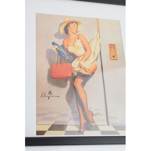 433 - A collection of 6 Gil Elvgren glamour / pin up prints of semi erotic scenes, framed, prints are 8x6,... 