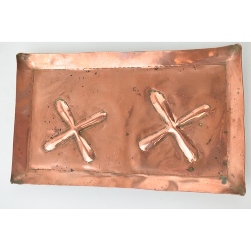 452 - A pair of copper Arts and Crafts rectangular trays with embossed design and raised edges, 19.5cm x 1... 