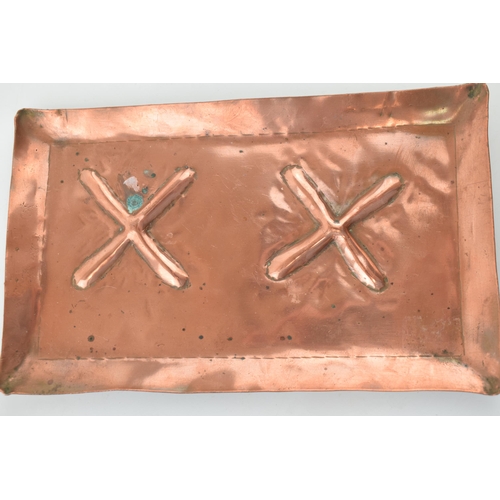 452 - A pair of copper Arts and Crafts rectangular trays with embossed design and raised edges, 19.5cm x 1... 