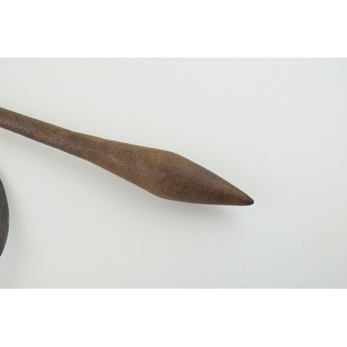 457 - An antique metal dibble together with another wooden handled gardening / farming tool. Length 58cm. ... 