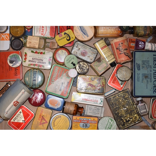 332 - An intersting collection of advertising tins and boxes largely related to home remedies and first ai... 