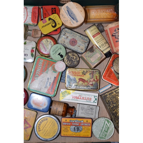 332 - An intersting collection of advertising tins and boxes largely related to home remedies and first ai... 