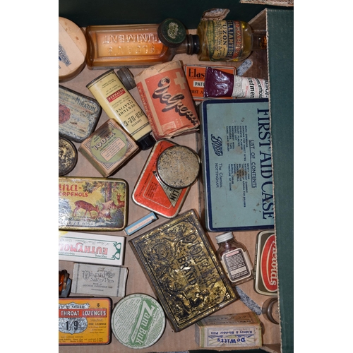 332 - An intersting collection of advertising tins and boxes largely related to home remedies and first ai... 