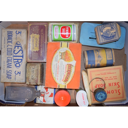 358 - An collection of advertising cardboard boxes and tins to include pharmacitical brands, together with... 