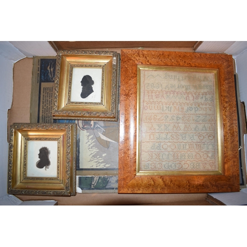 429 - A 19th century sampler dated 1882 together with a pair of silhouettes. Items are in later frames. To... 