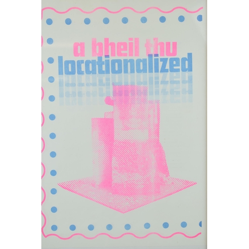 435 - Untitled printed in frame. Blue and pink text with geometric shapes. 30cm x 41cm.