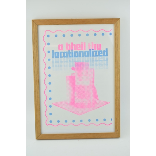 435 - Untitled printed in frame. Blue and pink text with geometric shapes. 30cm x 41cm.