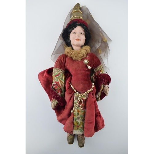 468 - English doll, ceramic head likely manufactured in Stoke on Trent, c1930s. Red dress Chaucer's Tales.... 