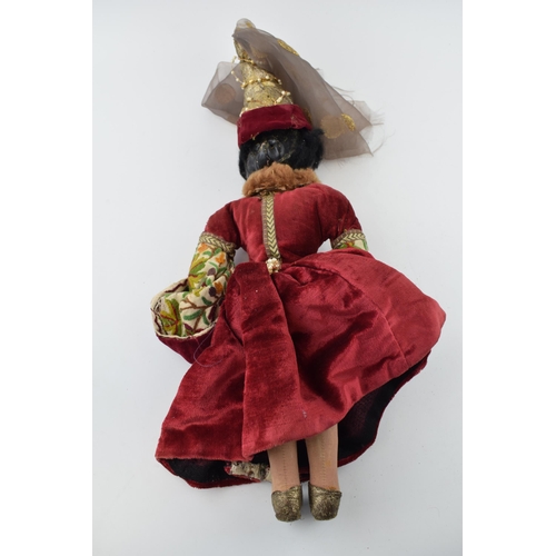 468 - English doll, ceramic head likely manufactured in Stoke on Trent, c1930s. Red dress Chaucer's Tales.... 