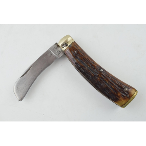 517 - Horn handled flat bottom pruner knife, indistinguishable Sheffield maker. Brass butt, some wear too ... 