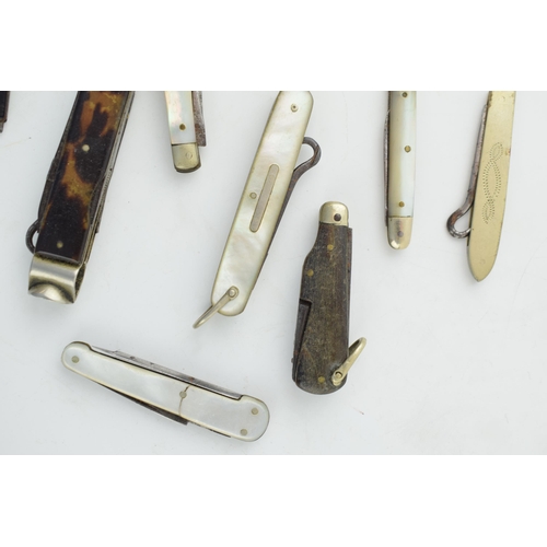 527 - A collection of antique multifunction tool pocket knives to include mother pot pearl handled example... 