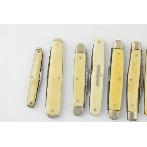 530 - A collection of antique and vintage bone and celluloid handled pocket knives to include Sheffield ma... 