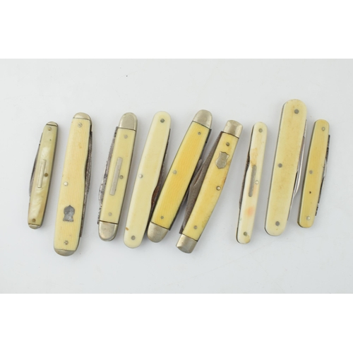 530 - A collection of antique and vintage bone and celluloid handled pocket knives to include Sheffield ma... 