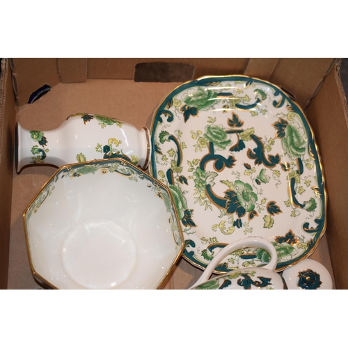 96 - A collection of Masons pottery in the Chartreuse pattern to include a bowl, a coffee pot, a platter ... 