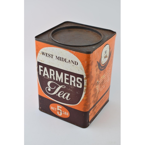 457A - Vintage West Midlands Farmers Tea 5 lbs tin, 23.5cm tall, with original stickers.