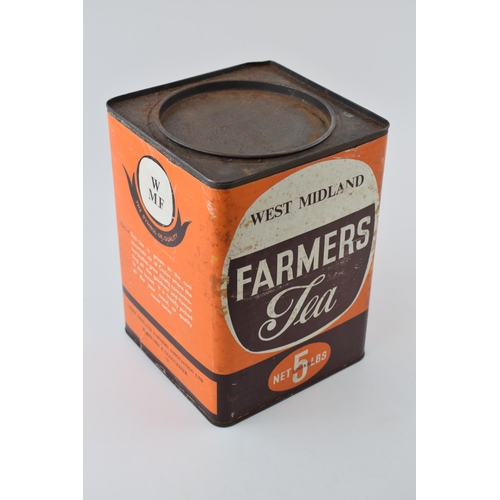 457A - Vintage West Midlands Farmers Tea 5 lbs tin, 23.5cm tall, with original stickers.