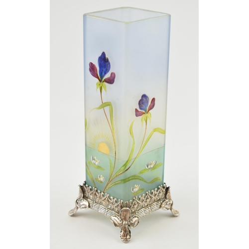 480B - WMD Arts and Crafts metal base, ornate floral decoration, with painted glass vase, 10cm wide, 25.5cm... 