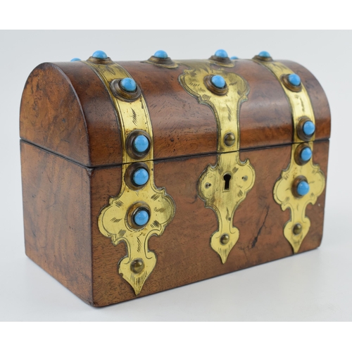 510A - Victorian domed top stationary box, brass bound, turquoise set stones, fitted interior, 19.5cm wide.