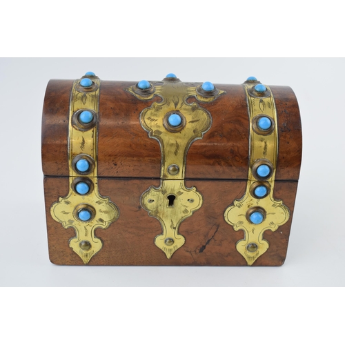 510A - Victorian domed top stationary box, brass bound, turquoise set stones, fitted interior, 19.5cm wide.