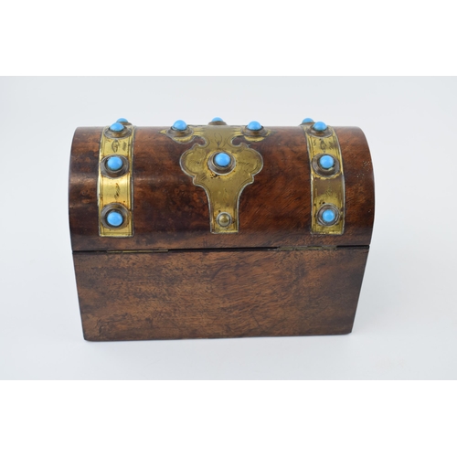 510A - Victorian domed top stationary box, brass bound, turquoise set stones, fitted interior, 19.5cm wide.