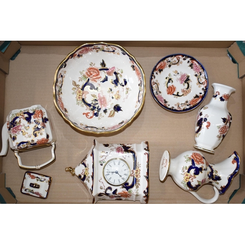 96A - Masons Pottery in the Blue Mandalay pattern to include a bowl, a clock, a small square teapot and ot... 