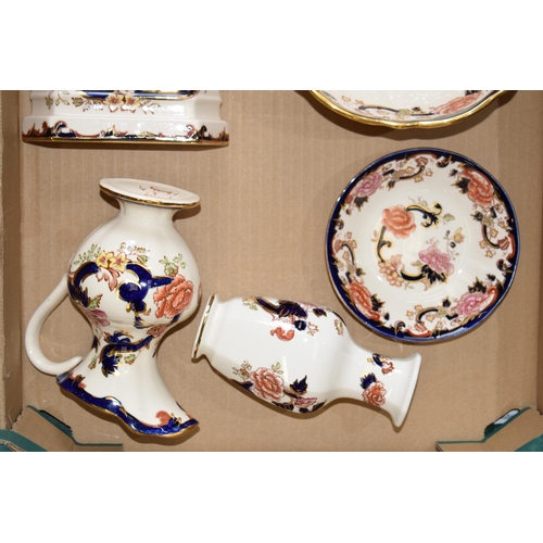 96A - Masons Pottery in the Blue Mandalay pattern to include a bowl, a clock, a small square teapot and ot... 