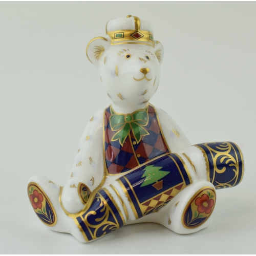 16 - Royal Crown Derby miniature bear paperweight, Christmas Cracker, 8cm high, red Royal Crown Derby sta... 