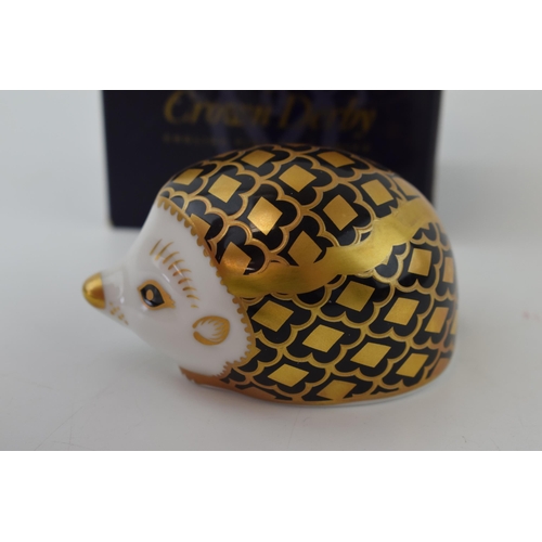 41 - Royal Crown Derby paperweight, Aura Hedgehog, gold stopper and gold printed marks on the base, boxed... 