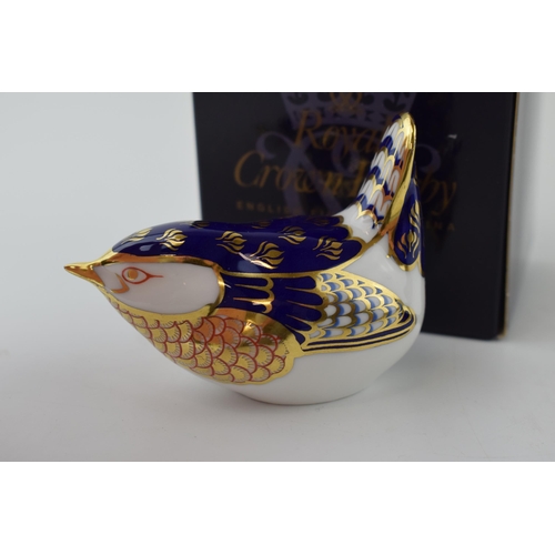 54 - Royal Crown Derby paperweight, Wren, gold stopper, boxed.