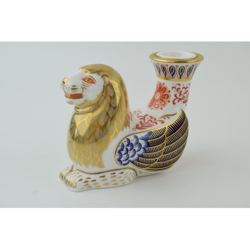 65 - Royal Crown Derby Mythical Beast Candlestick, Winged Lion, height 9cm, red Royal Crown Derby stamp o... 