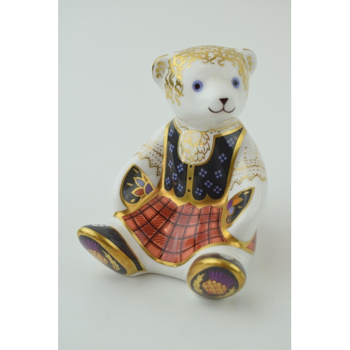 67 - Royal Crown Derby bear paperweight, Scottish Teddy Shona with silver stopper and gold printed marks ... 