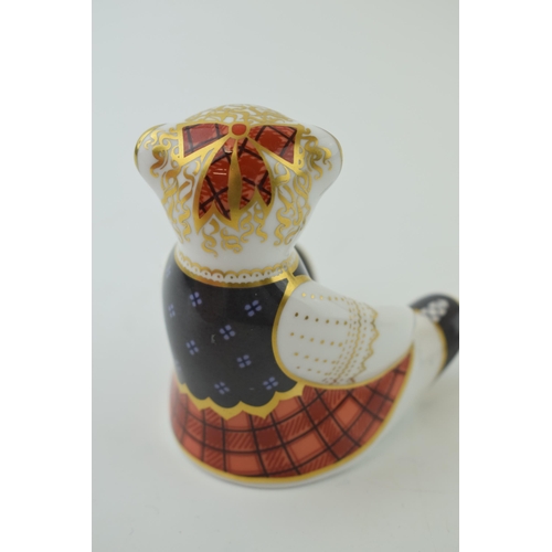 67 - Royal Crown Derby bear paperweight, Scottish Teddy Shona with silver stopper and gold printed marks ... 