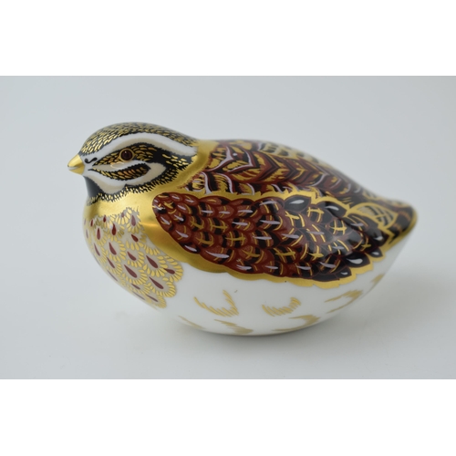 75 - Royal Crown Derby paperweight, Dappled Quail, gold stopper and red printed marks.