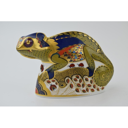 84 - Royal Crown Derby paperweight, Chameleon, 9cm high, gold stopper and red printed marks and stamp on ... 