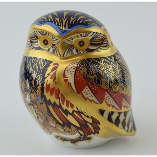 88 - Royal Crown Derby paperweight, Little Owl with lavish decoration in blue, red and gold feathers, hig... 