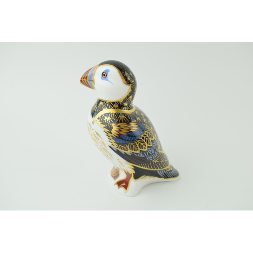 104 - Royal Crown Derby paperweight, Puffin, date code for 1999 (LXII), gold stopper and red Royal Crown D... 