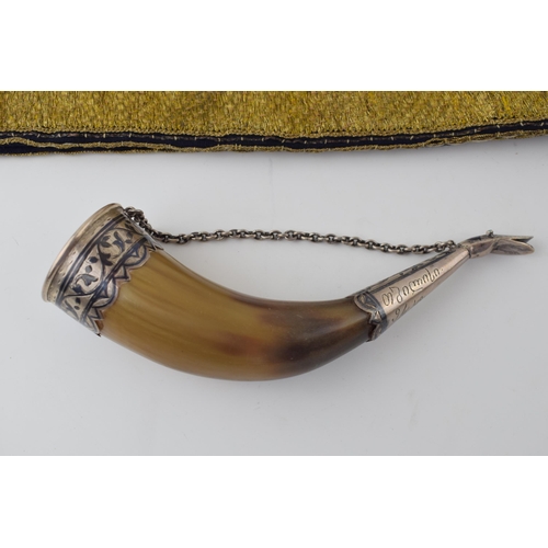 565 - A silver 875 mounted eastern horn with snake-like mouthpiece, 19.5cm long, with a similar origin tea... 