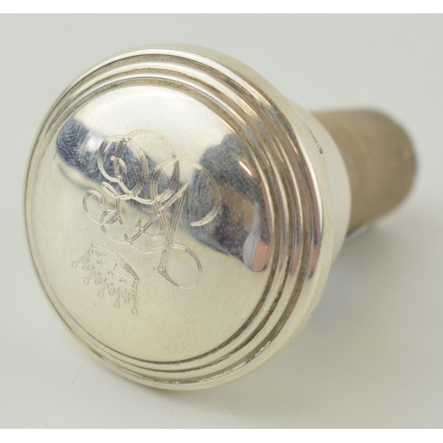 566 - Silver topped wine bottle cork / bottle stop, engraved to top, Birm 2011, 62mm long.