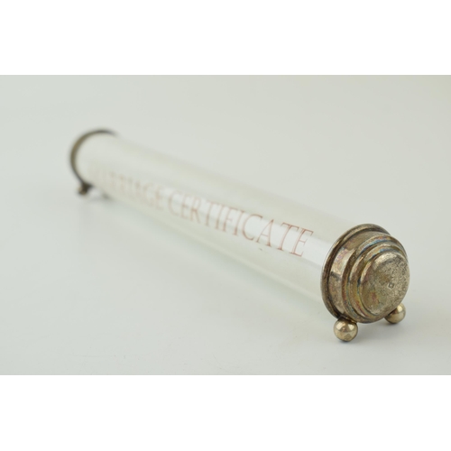 567 - Silver mounted 'Marriage Certificate' holder, perspex tube, with silver ends, on bun feet, Birmingha... 