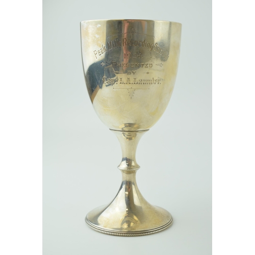 582 - Hallmarked silver goblet / trophy 'Peak Milk Recording Society 1924...', Sheffield 1924, 16cm tall, ... 