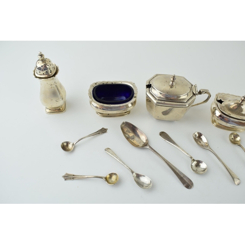 607 - Silver to include a three piece cruet set, with liners, Birmingham 1937, with a single mustard pot a... 