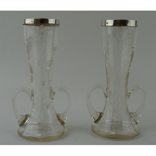 624 - A pair of silver collared glass vases with etched designs, Birm 1906, William Briggs, 16.5cm tall (2... 