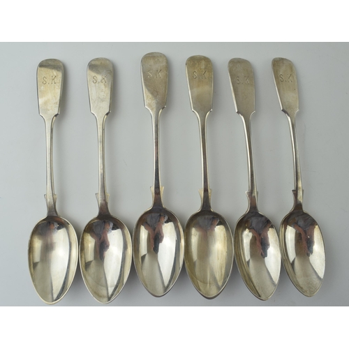 631 - A set of six silver teaspoons, fiddle pattern, Thomas Stone, Exeter 1870, 111.7g (6).